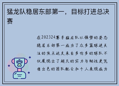 猛龙队稳居东部第一，目标打进总决赛