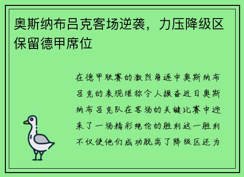 奥斯纳布吕克客场逆袭，力压降级区保留德甲席位