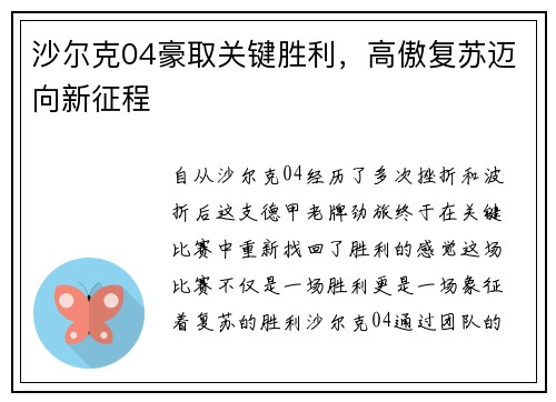 沙尔克04豪取关键胜利，高傲复苏迈向新征程