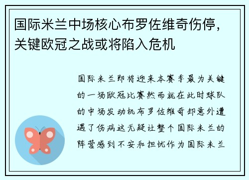 国际米兰中场核心布罗佐维奇伤停，关键欧冠之战或将陷入危机